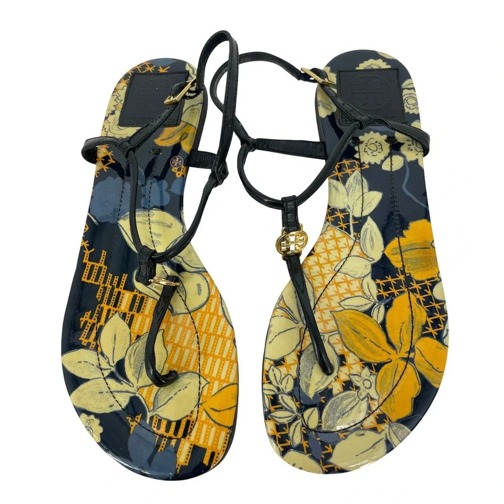 Tory Burch Emmy Floral Patent Leather Thong Sandals Navy Yellow Gold Logo 7.5M